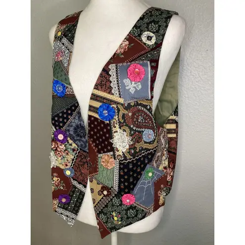 Patchwork Open Vest L Handmade Crazy Quilt Button Appliqué Granny Grandma Vtg Size L