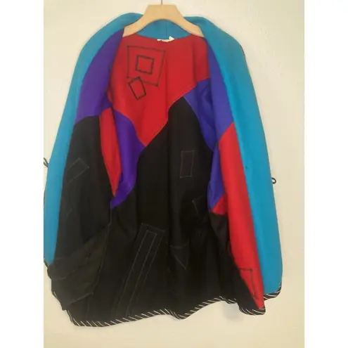 Vintage 90s Wool Color Block Coat L/XL Pop Wearable Art Geometric Pockets Bright Size L