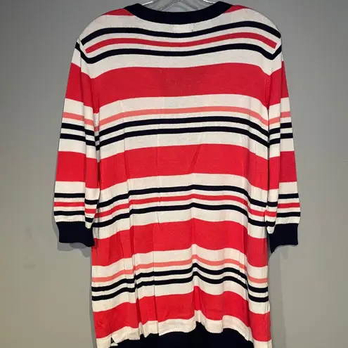 WOMEN'S BASIC EDITIONS LACE UP STRIPED SWEATER WHITE NAVY CORAL SIZE XL