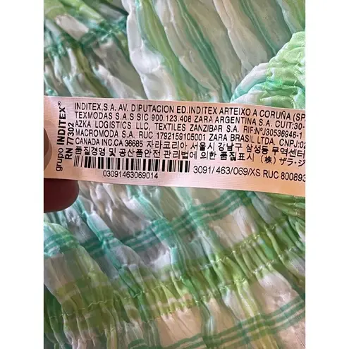 ZARA  Green And White Plaid Square Neck‎ Puff Sleeve Smocked Cropped Top Size XS