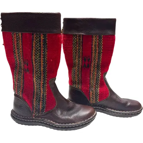 Born Tizoc Indain Blanket Mid Calf Boots Leather Wool Men 8 Women 6.5 Brown
