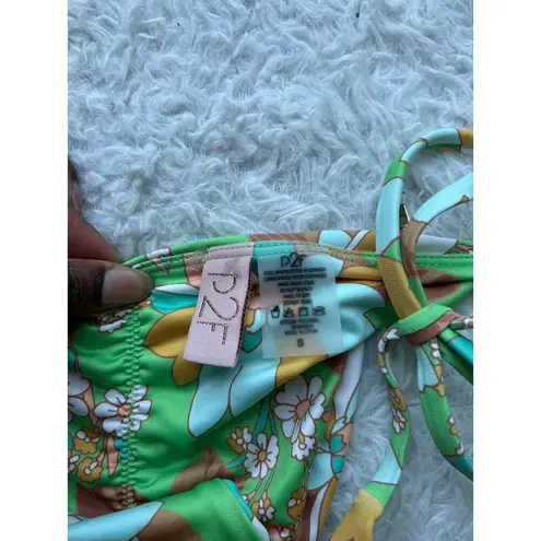P2F Green Retro Floral Ruched String Tie Bikini Bottoms Size Small