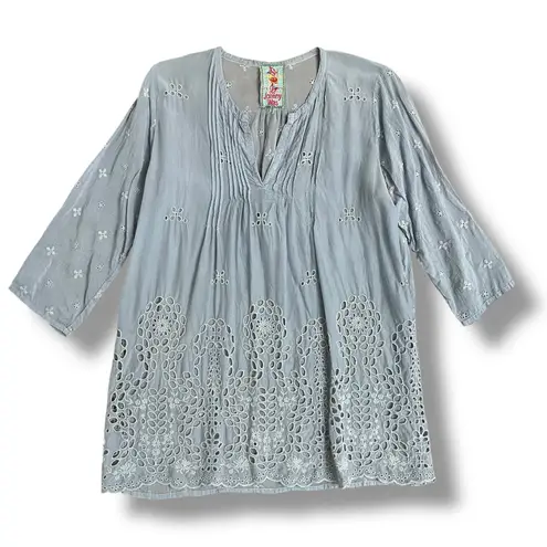 Johnny Was Slate Gray Eyelet Embroidered Tunic Top Boho Peasant Blouse Small