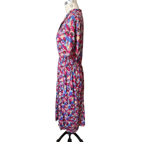 Vintage 70s Floral Midi Fit and Flare Dress Size Large Pink