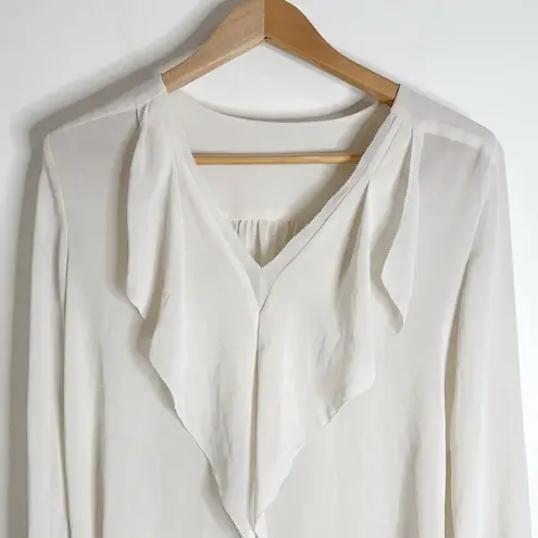 None V-Ruffled Neckline Long Puff Sleeve Ivory Pullover Blouse