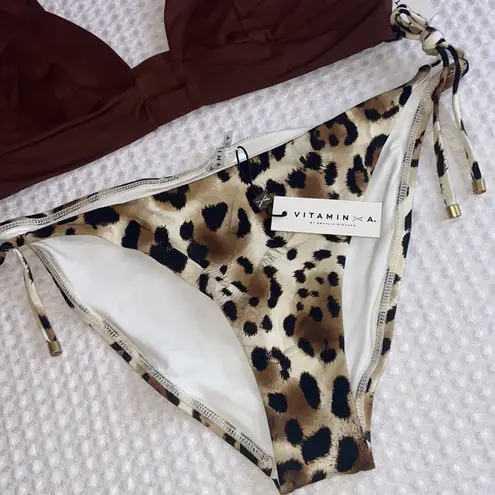 Vitamin A ELLE Side Tie String Bikini Bottoms Size 14DD Leopard Cream Black Tan