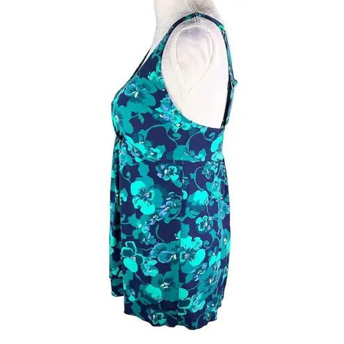 L.L.Bean  Soft Drape Tankini Top 12 Blue Green Floral Adjustable UPF 50+