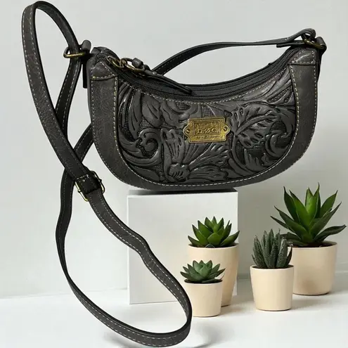 B.O.C. Crossbody Bag Purse Charcoal Embossed Floral Adjustable Strap Womens Gray