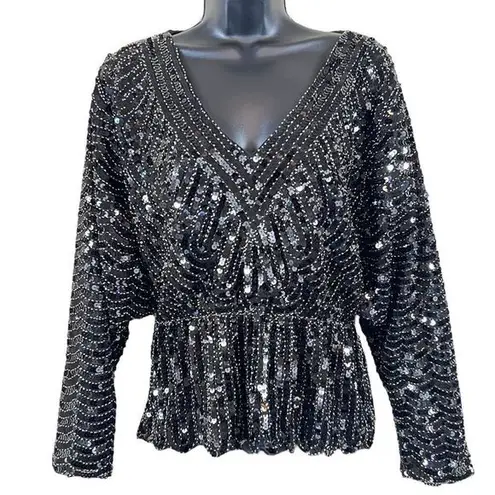 Beulah Black Sequin Embellished Peplum Blouse - Style