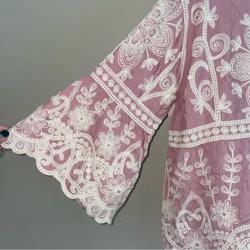 Kindred x Anthropologie Pink Floral Heavily Embroidered Bell Sleeve Top Sz Small