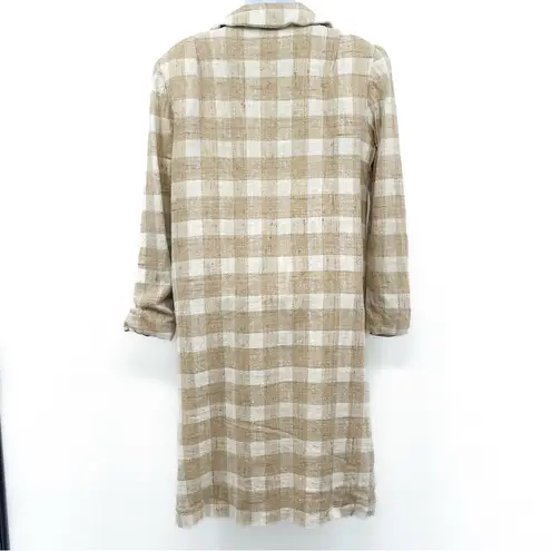 Vintage Tweed Double Breasted Plaid Gingham Jacket Coat Peacoat Trench Long Tan Size M