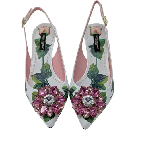 Dolce & Gabbana Jeweled Bellucci Floral Print Slingback Heels White and Pink 35