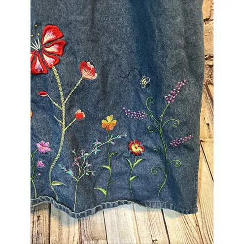 Quacker Factory  Denim Jean Jumper Dress Embroidered Floral Size 10