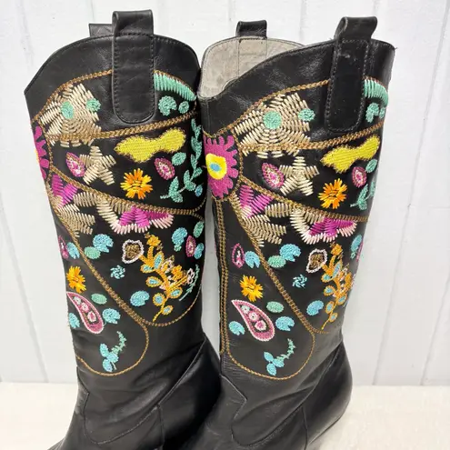 TWO LIPS Chessa Black Embroidered Western Style Leather Boots Size 8