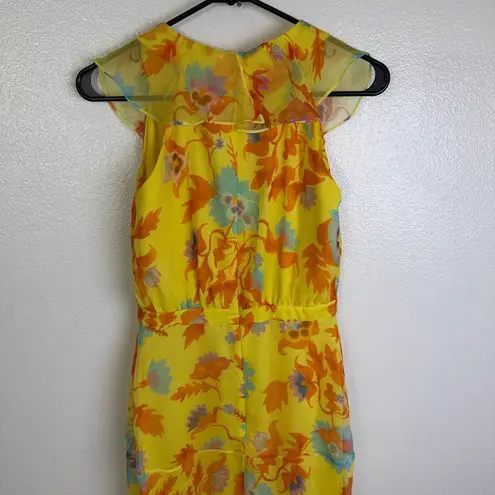 SALONI Silk Floral Dress Womens Size 2 Yellow RITA Flowy Ruffle Midi Dress *