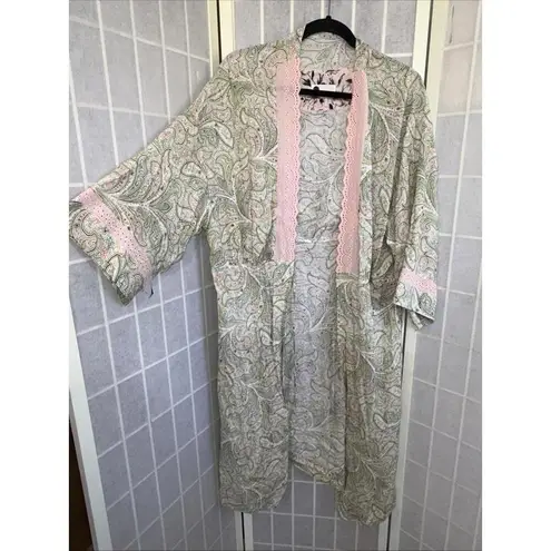 Anthropologie Floreat Floral Kimono Empire Waist Robe Tie Duster Lounge Lace Med