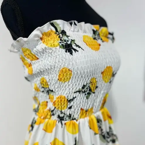 Angashion White and Yellow Strapless Floral Print Smocked Mini Dress Size S Women’s