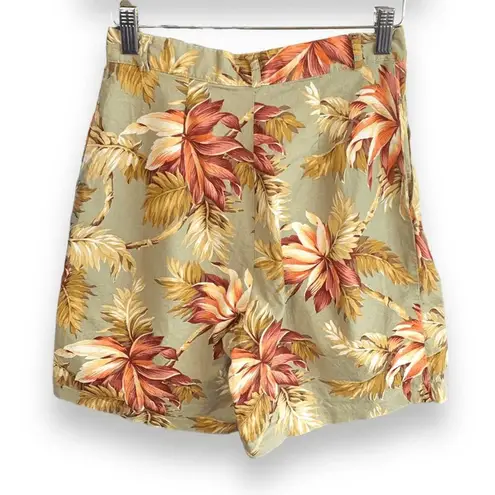 Vintage 90s Petites Palm Print Shorts High Waist Pleated Cotton Sage Green XS Size undefined