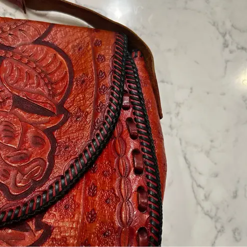 Red Leather Floral Tooled Shoulder Bag Purse