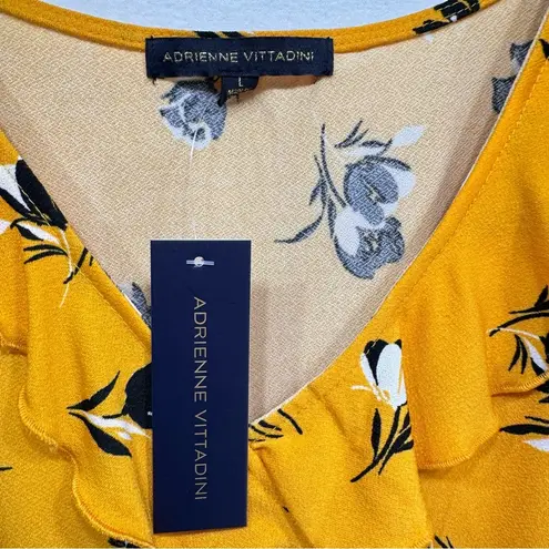 Adrienne Vittadini NEW Yellow with Black & White Floral Sleeveless Ruffle Top