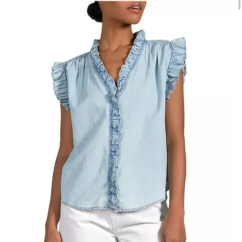Elan Denim Ruffle Blouse in Soft Blue Size S