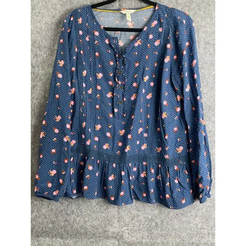 Matilda Jane Blue Floral Dot Peplum Blouse Button Front Long Sleeve L Boho Top