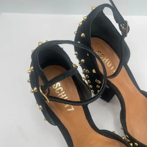 Schutz Dionise Heels Size 8.5 Black Nubuck Gold Stud Spike Open Toe Block Strap