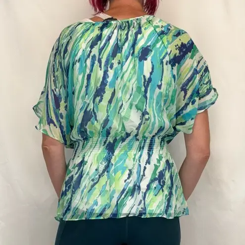 Willi Smith Women's Lightweight Sheet Blouse XL Extra Large Green Blue White Top