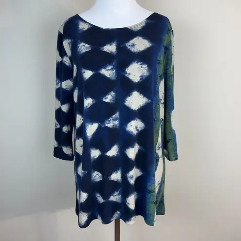 Clara Sun Woo Top Small Blue Green Gray Artsy Pattern Jersey Stretch 3/4 Sleeve