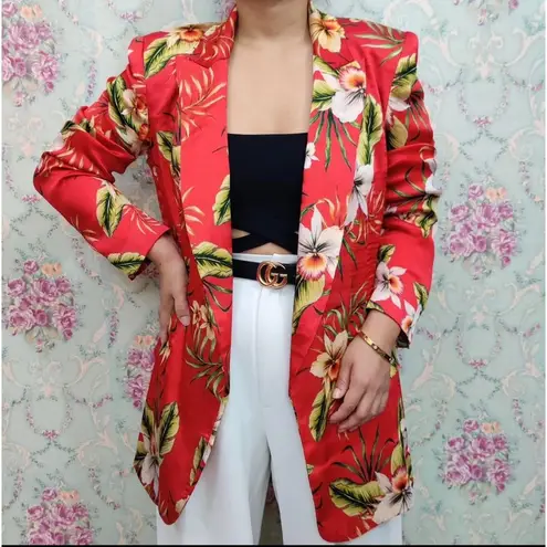 ZARA  Satin Floral Hawaiian Print Blazer Red/Green SIZE XS NEW