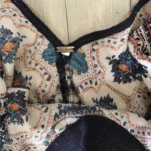 Free People  Dress Small Mini Tunic Peasant Pockets Balloon Sleeves Paisley Black