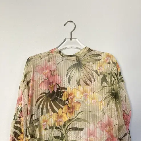 Tommy Bahama  Top Women Small Sheer Tropical Floral Print Popover Roll Tab Sleeve