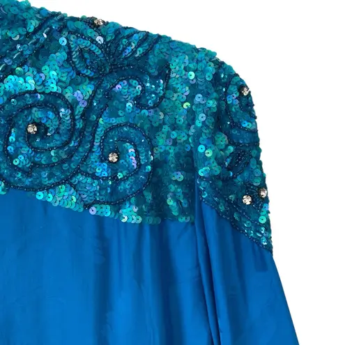 Vintage D’Ore Silk Sequin Beaded Women's Blue Embellished Jacket size 14