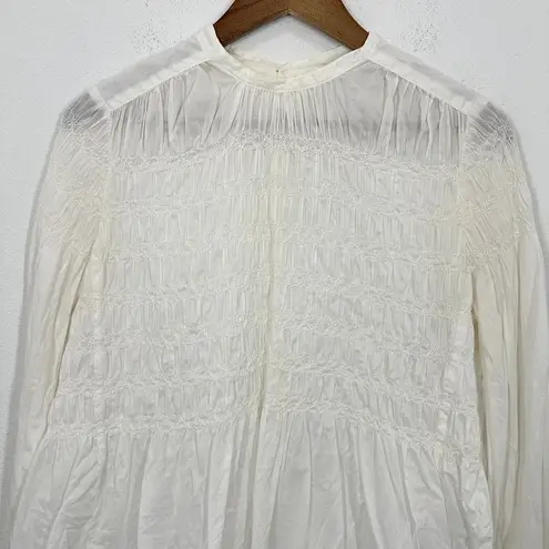 All Saints White Smocked Peplum Blouse Long Sleeve Mock Neck Button Back Cotton