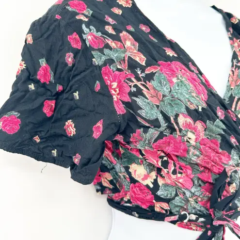 Womens Y2K‎ Resortwear Summer Dark Romantic Tie Wrap Floral Crop Top Blouse Black Size undefined