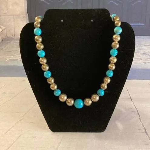 Vintage Blue Acrylic and Metallic Bead Necklace Silver