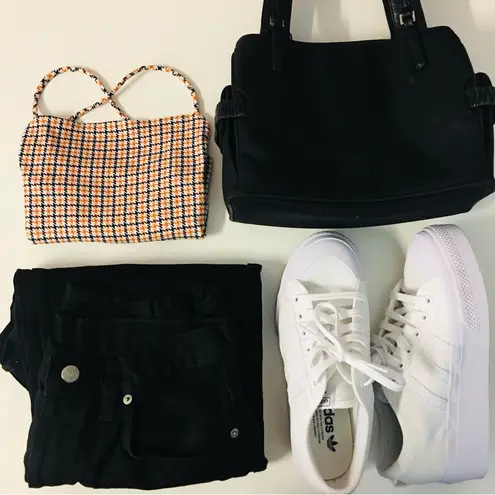 Diosa NWOT White|Black|Orange Houndstooth Square-Neck Cross-Back Crop Top Sz S