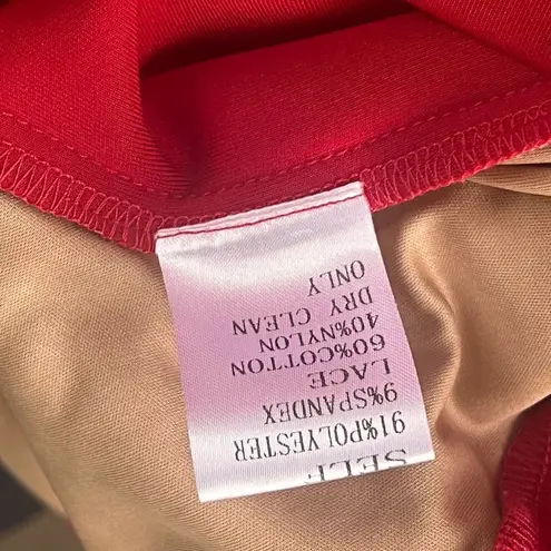 Tadashi Shoji Edie Red Rock Nude Neoprene Embroidered Lace panel Dress L