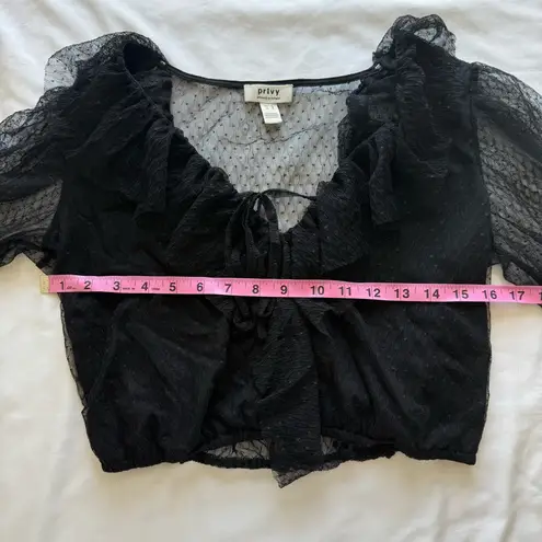 Privy Women’s Black Sheer Lace Blouse Polka Dot Ruffle Long Sleeve Whimsy Goth