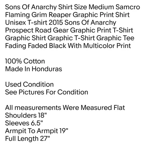 Sons Of Anarchy Shirt Size Medium Samcro Flaming Grim Reaper Graphic Print Shirt Unisex T-shirt