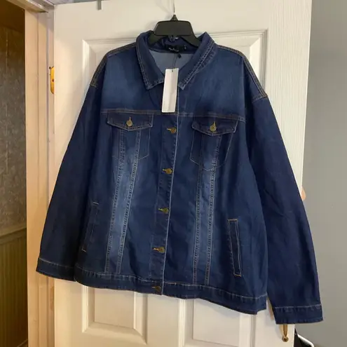 Women's Plus Size Long Sleeve Button Front Washed Denim Jacket Blue