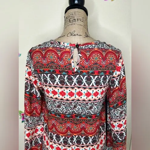 See You Monday Bell Sleeve Multi Print Fringe Top with Split Open Back Size S