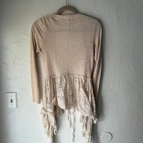 A’Reve Beige Open Knit Lace Hem Cardigan Boho Cottagecore Ruffle Coquette Size M Size M
