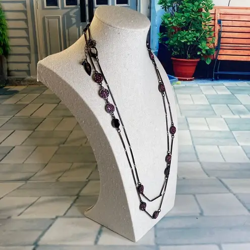 Coldwater Creek 0116 Long Gatsby-Style Necklace in Gunmetal w/Pink Rhinestones