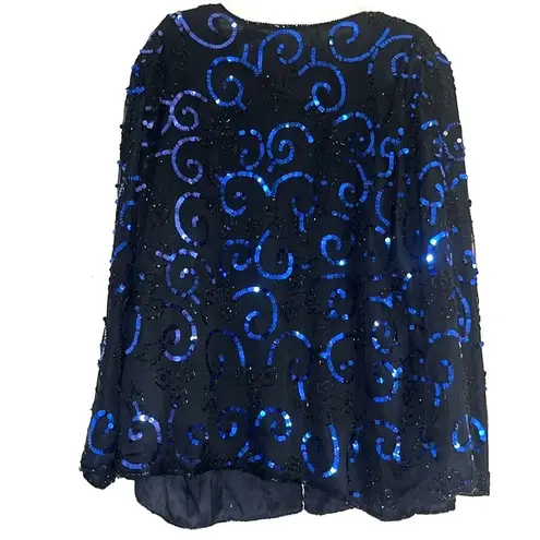 Royal Feelings 1980s Sequin Jacket Silk Black Tie Formal Blue Size 1X