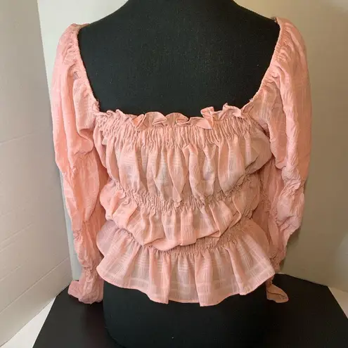 Blashe Women’s Puffed Long Sleeve Peach Textured Crop Top Small Boho Renaissance Pink