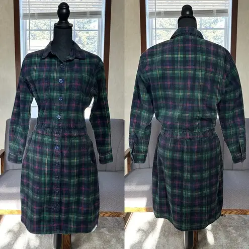 Fads Vintage 90s Y2K Tartan Plaid Corduroy Button Up Shirt Dress Long Sleeve M Green Size M