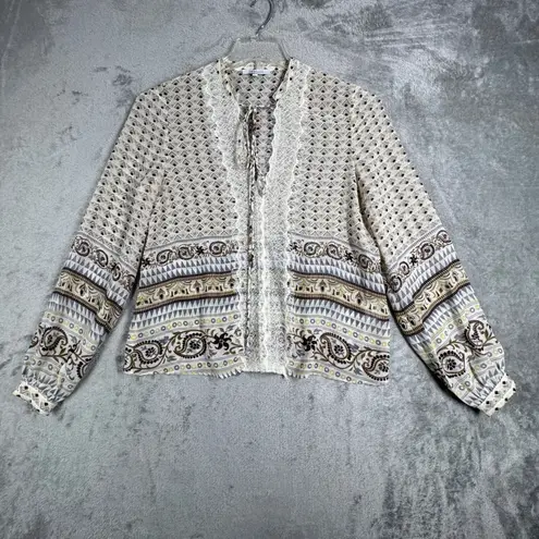 Lucy Paris Blouse Bohemian Lace Trim Long Sleeve Top Geometric Print Medium