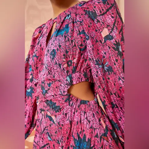 Ulla Johnson Helia Ruched Print Cotton Midi Dress Pink Snapdragon Size 2 Cut Out