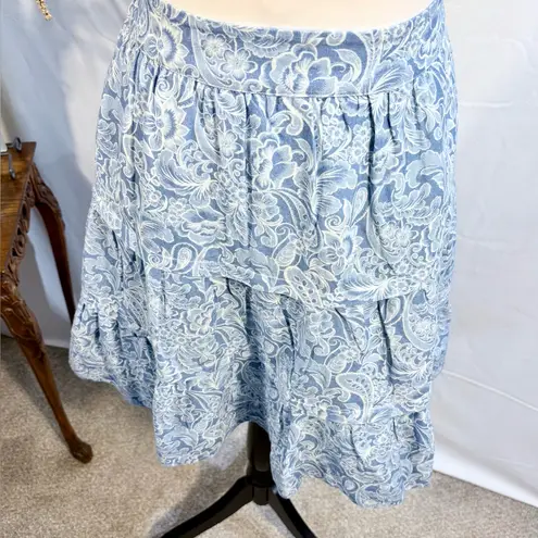 Soft Surroundings Linen Blend Tiered Ruffle Skirt – Blue Floral Paisley Sz M 💚